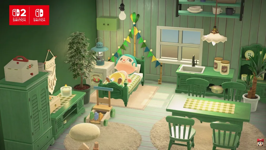A very green room with a bed, sink, candles, and other items, with a villager falling asleep on a bed in Animal Crossing: New Horizons.