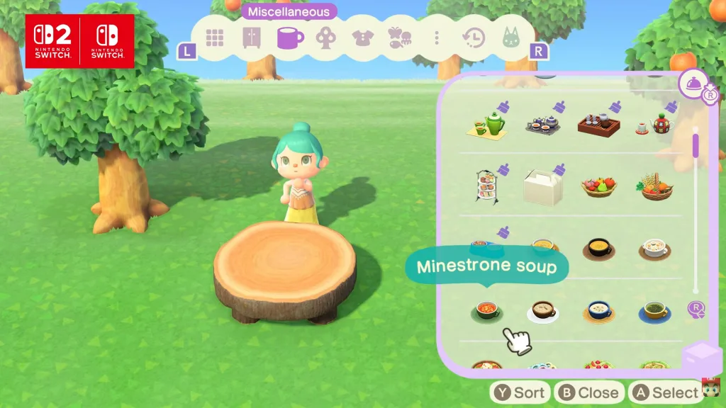 A villager in Animal Crossing: New Horizons stood at a wooden table looking thoughtful over some Minestrone Soup and other food items.