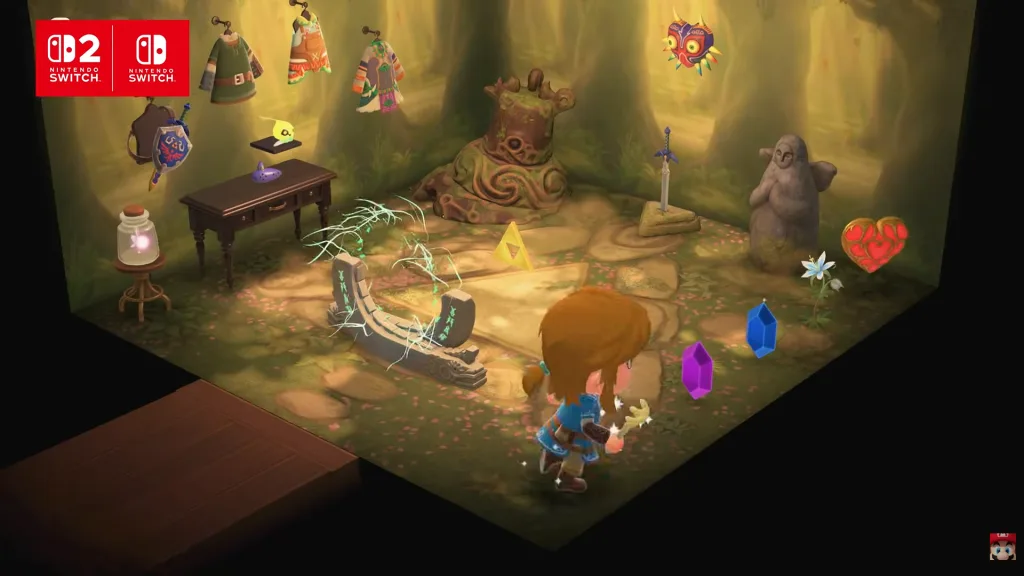 A Legend of Zelda-themed room full of rupees, masks, outfits, a hylian shield, a fairy, heart container, triforce, and more in Animal Crossing: New Horizons.