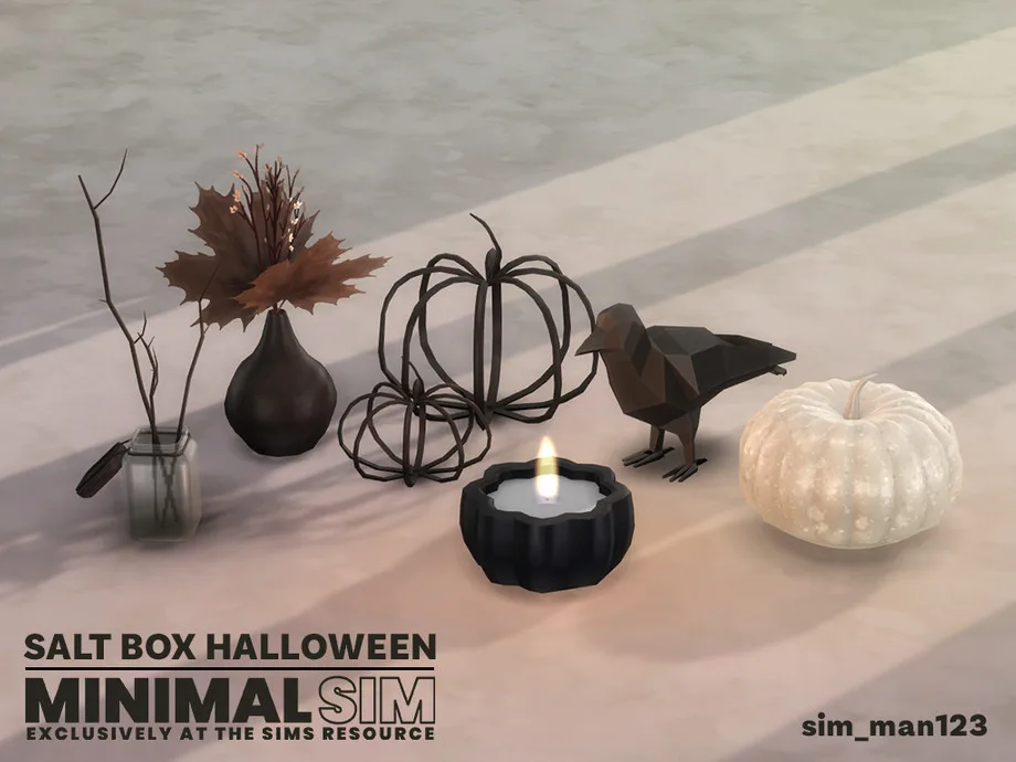 Minimalist and modern Halloween decorations in black and white including candles and a crow, by Sim_Man123.