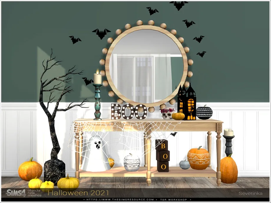 A cute Halloween display with a mirror, bats, ghosts, and pumpkins, made by Severinka_.