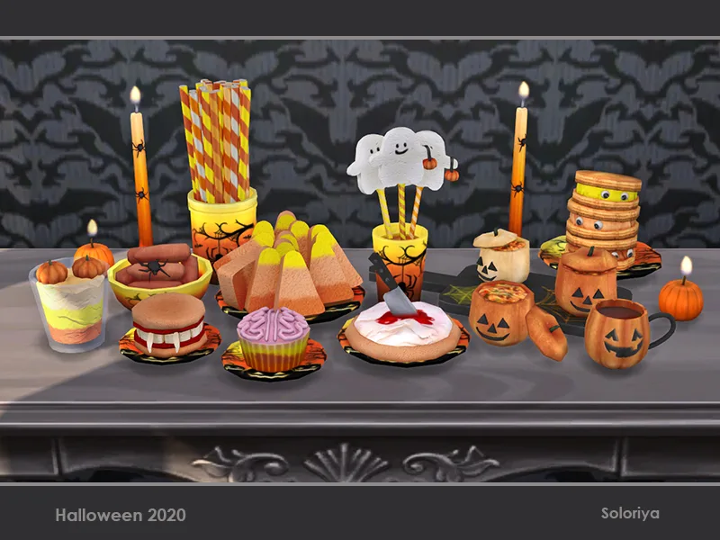 A selection of Halloween sweets on a table, including ghosts, cakes, snacks, and pumpkin mugs by Soloriya.
