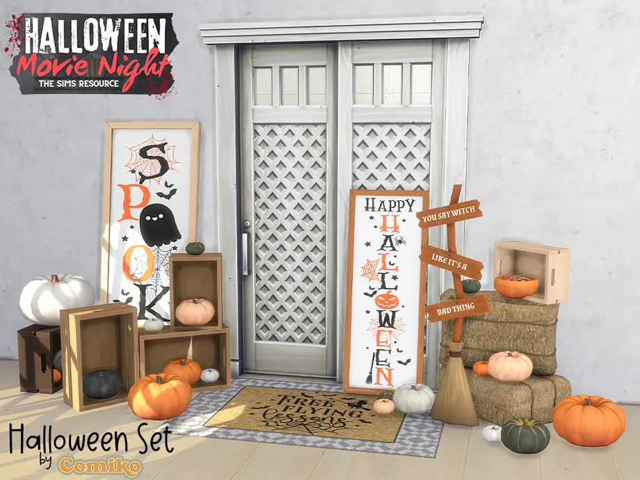 Rustic halloween decorations including pumpkins, hay, signs, and crates, by Comiko.