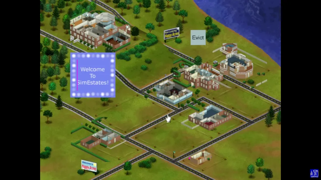 An overhead shot of SimEstates or Happy Acres, a map in a prototype for The Sims 1.