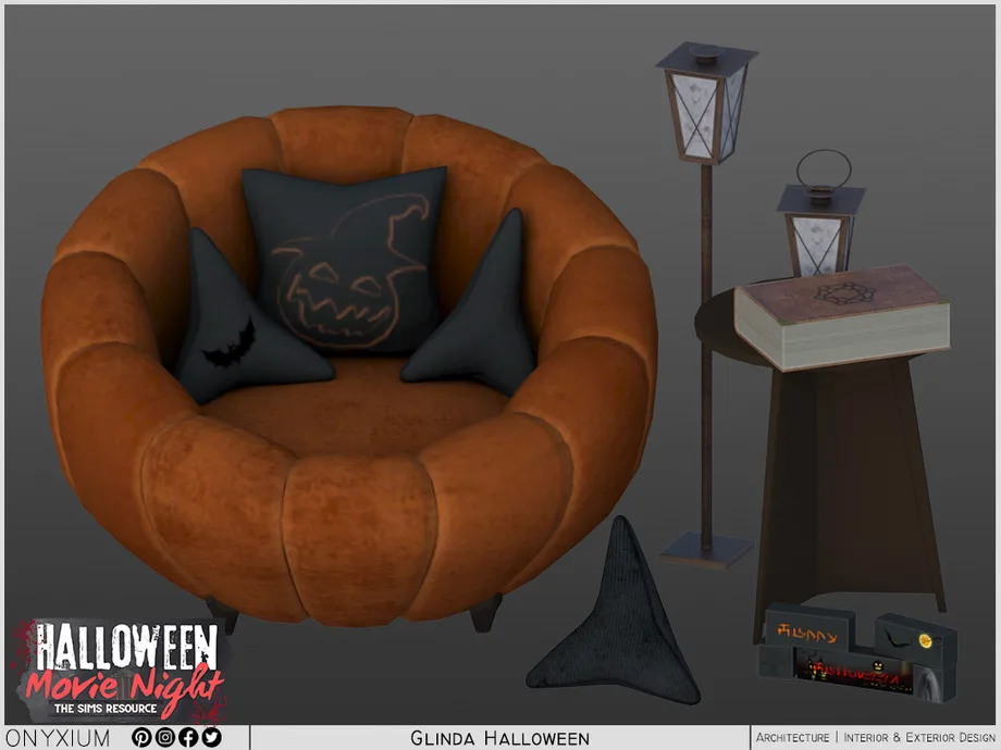 A pumpkin armchair, Halloween decorations, lamps, and a spellbook by Onxyium.
