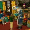 A pair of children are meeting santa clause in a cosy living room. Behind them their parents watch on.