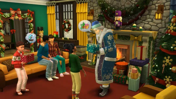 A pair of children are meeting santa clause in a cosy living room. Behind them their parents watch on.