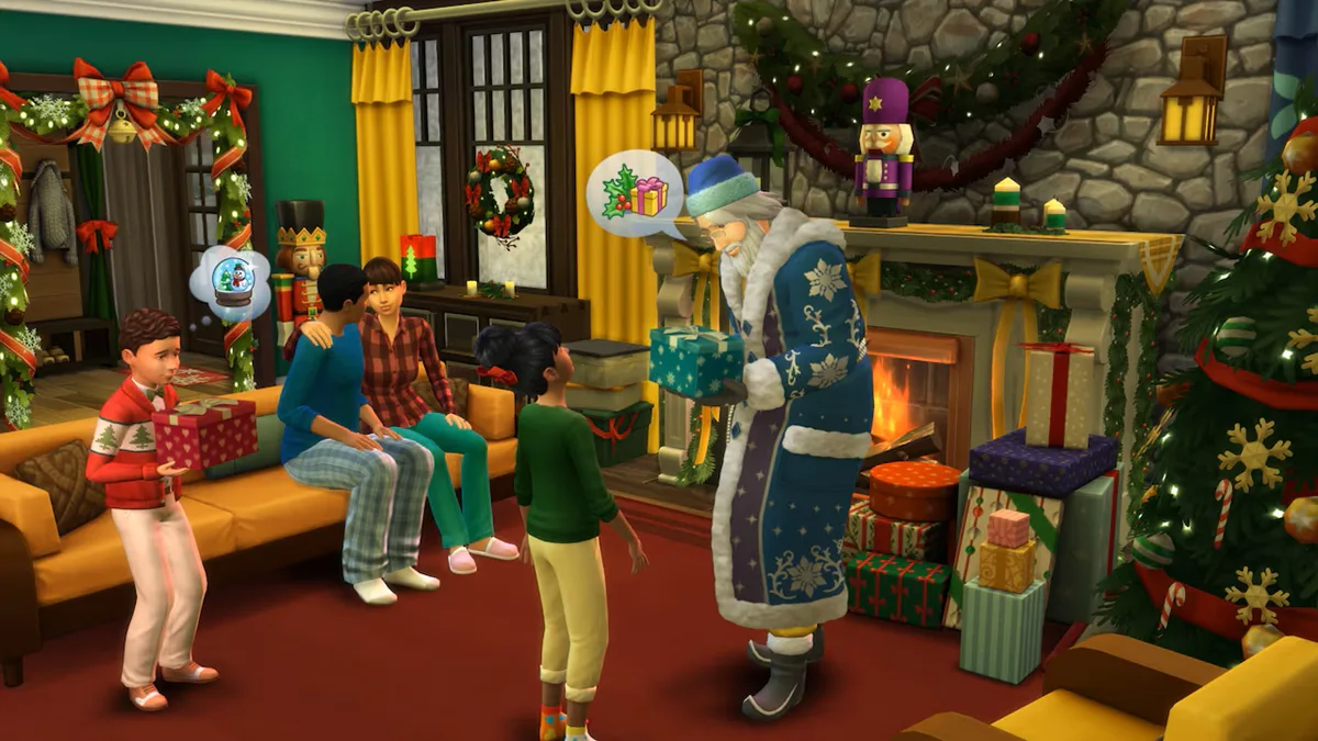 A pair of children are meeting santa clause in a cosy living room. Behind them their parents watch on.