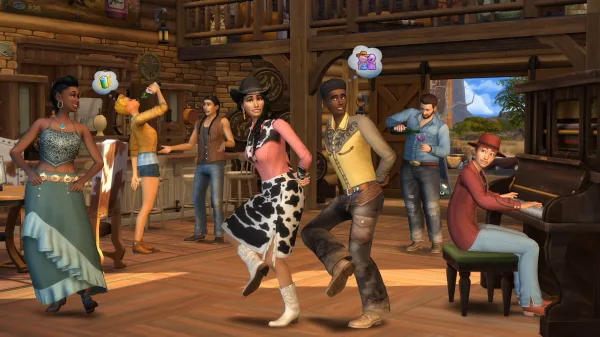 A group of people square-dancing in a barn.