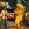 A man in a hazmat suit chats with two people in a bar, in the background a man with a strange smile on his face enters.