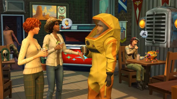 A man in a hazmat suit chats with two people in a bar, in the background a man with a strange smile on his face enters.