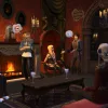 A group of fancy goths socialising in a scarlet-plush room.