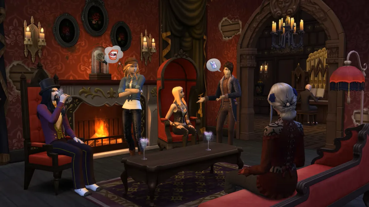 A group of fancy goths socialising in a scarlet-plush room.