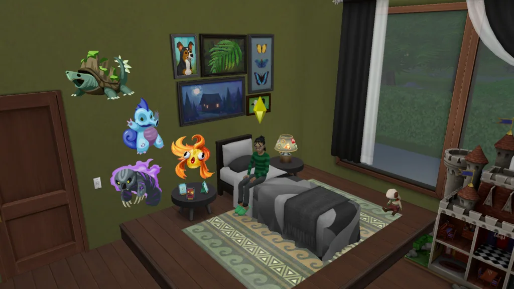 A Child Sim in Adventure Awaits sat in a green bedroom filled with toys, including loads of Voidcritter decals and some voidcritter cards on the bedside table.