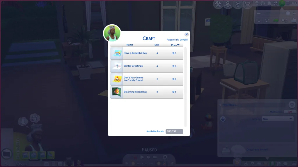 A list of greetings cards a Sim can craft in The Sims 4: Adventure awaits, including a rainbow, a snow card, a gnome card, and a flower card.