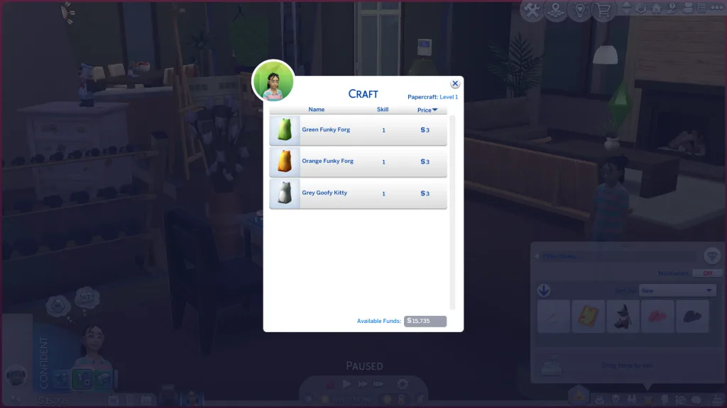 The UI showing which funky animals a Sim can craft in The Sims 4: Adventure Awaits. They can craft a green, orange, or grey funky frog.