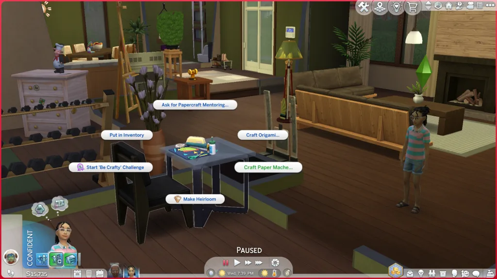 A papercrafting kit on a table in a Sim's home in The Sims 4: Adventure Awaits showing the interactions for papercrafting.