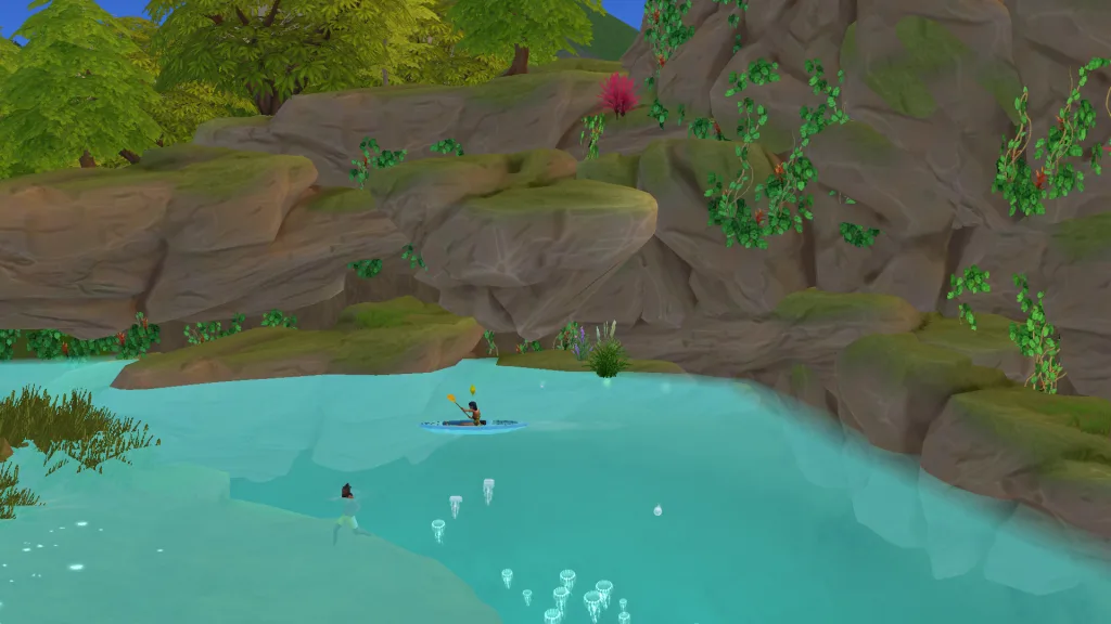 A Sim kayaking around the electric lagoon in Gibbi Point in The Sims 4 Adventure Awaits, with rocks, foliage, and fish everywhere around them.