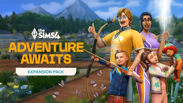 A key visual for The Sims 4 Adventure Awaits showing a man and woman with their two kids smiling in an outdoorsy campground.