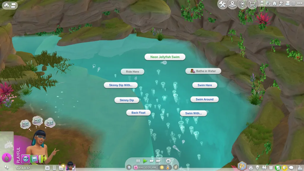 The Electric Lagoon in The Sims 4: Adventure Awaits, full of neon jellyfish and surrounded with rocks. A menu of interactions is shown, including Neon Jellyfish Swim.