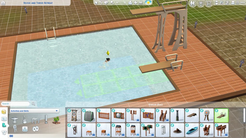 The build/buy mode outdoor activities items for The Sims 4: Adventure Awaits showing play equipment and diving gear.