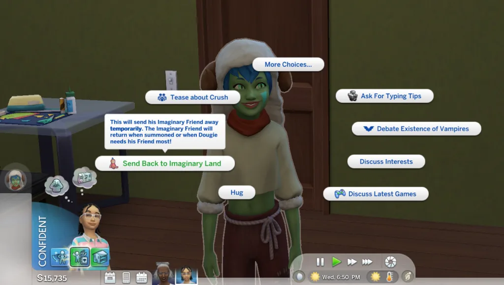 A social interaction menu for Wild Child, an imaginary friend, showing the Send Back To Imaginary Land interaction in The Sims 4.