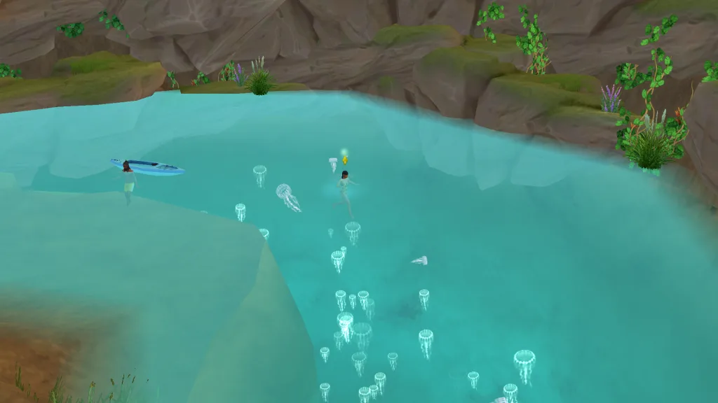 A Sim swimming in the neon jellyfish pool in Gibbi Point while another wades in the shallows with a blue kayak in The Sims 4.