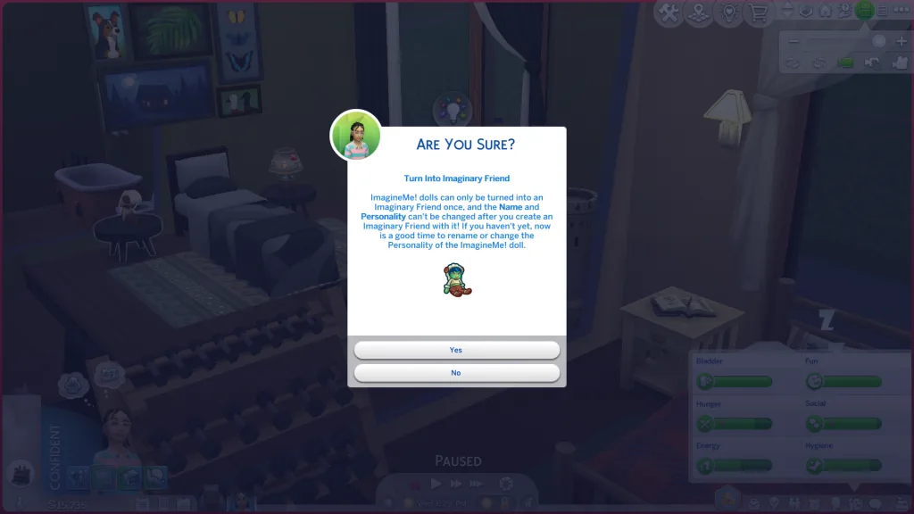 A UI screen showing a pop-up box for turning a doll into an imaginary friend in The Sims 4: Adventure Awaits.