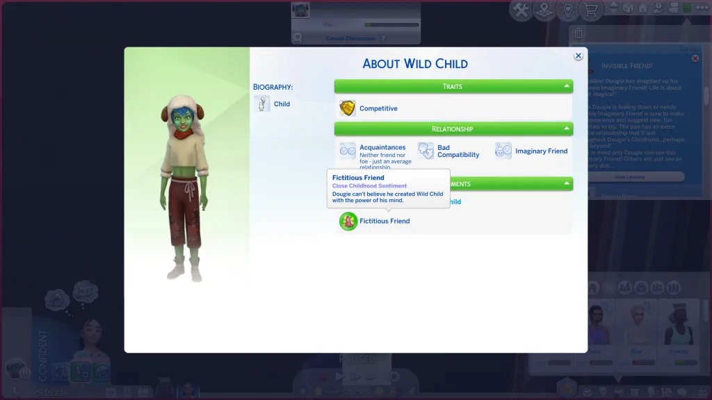 A breakdown of a sim's relationship with Wild Child, an imaginary friend in The Sims 4: Adventure Awaits. They're a green child sim with a sheep hat and blue hair.