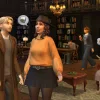 A man and a woman speak in a archaic-looking library while people wander in the background.