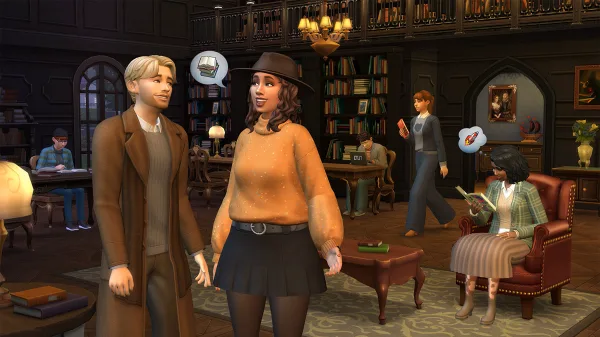 A man and a woman speak in a archaic-looking library while people wander in the background.