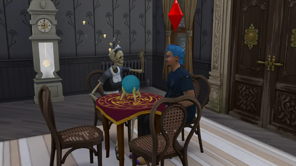 Bonehilda sat at a seance table in a grey house in Ravenwood in The Sims 4: Life and Death. A Sim with blue hair looks at her while she waves.
