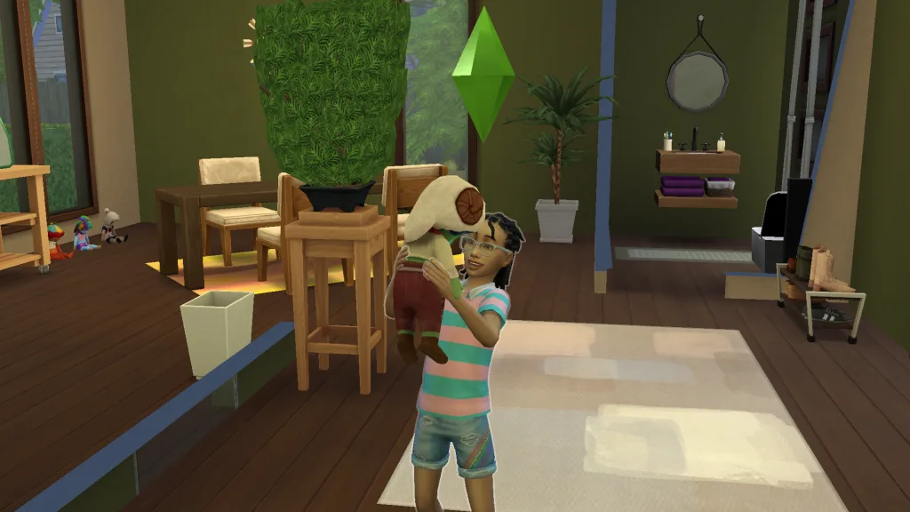 A child Sim playing with wild child the imagine me doll in Th Sims 4 Adventure Awaits. They both look happy and playful.