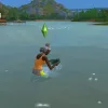 A Sim crystal panning in the riverbank in Gibbi Point in The Sims 4: Adventure Awaits. It's a clear, blue day with the horizon in view.