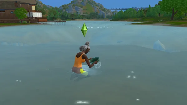 A Sim crystal panning in the riverbank in Gibbi Point in The Sims 4: Adventure Awaits. It's a clear, blue day with the horizon in view.