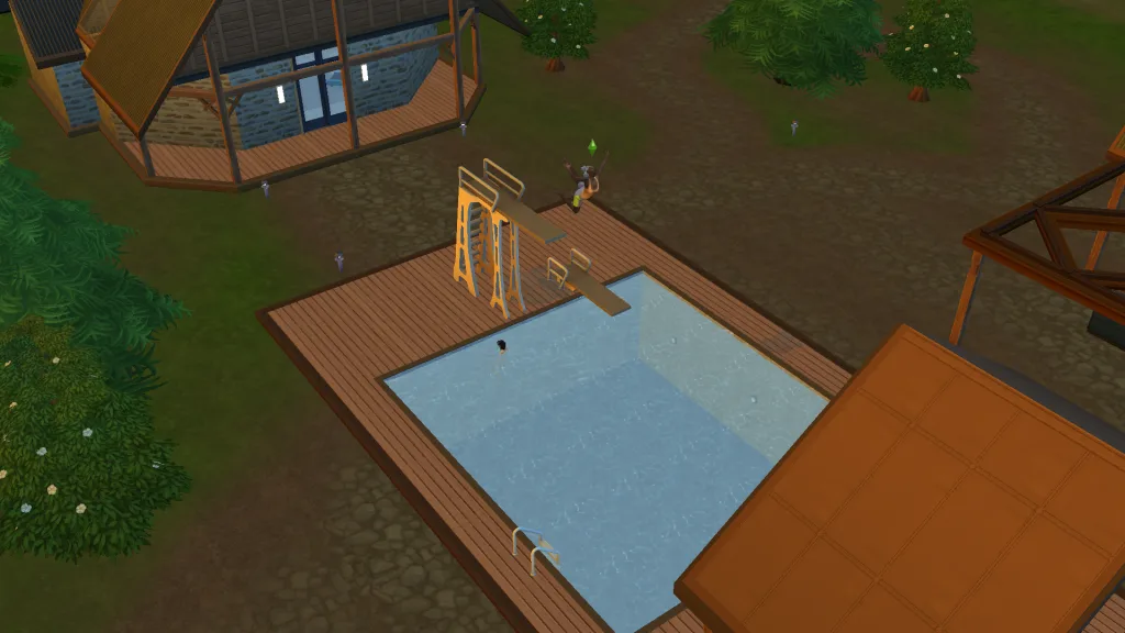 A Sim struggling to dive off a high board mid dive in The Sims 4: Adventure Awaits, at the Revive and Thrive retreat. She's flailing with her arms in the air.