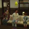 A family of three Sims sat together on a couch in a traditional Shoji home in The Sims 4: Snowy Escape.