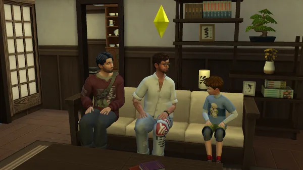 A family of three Sims sat together on a couch in a traditional Shoji home in The Sims 4: Snowy Escape.