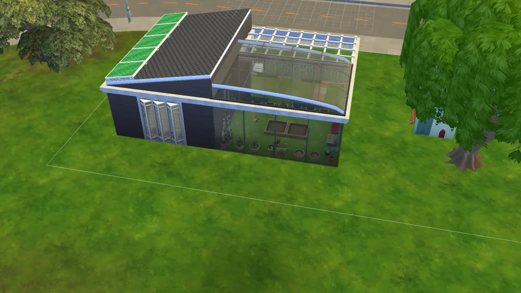 The rear shot of a garden centre in The sims 4, showing a glass walled and rooved area featuring plants, planters, and gnomes for sale.