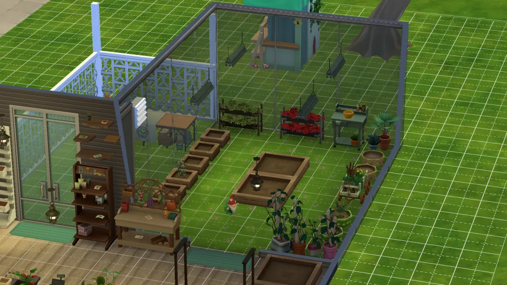 The inside of a garden centre showing gnomes, plants, planters, and seeds inside of an area built with glass walls in The Sims 4. 