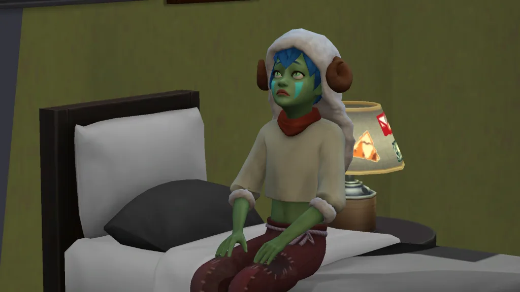 Wild Child, an imaginary friend in The Sims 4, looking sadly up at the ceiling while sat on a bed with a lamp behind them.