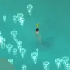 A Sim swimming in a bright blue jellyfish pool in The Sims 4: Adventure Awaits.