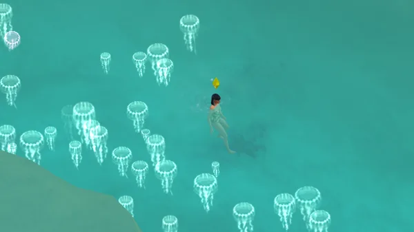 A Sim swimming in a bright blue jellyfish pool in The Sims 4: Adventure Awaits.