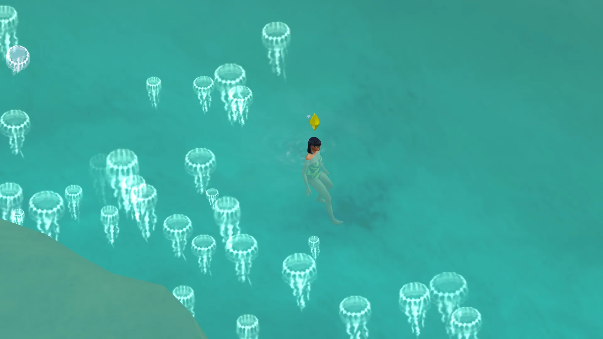 A Sim swimming in a bright blue jellyfish pool in The Sims 4: Adventure Awaits.