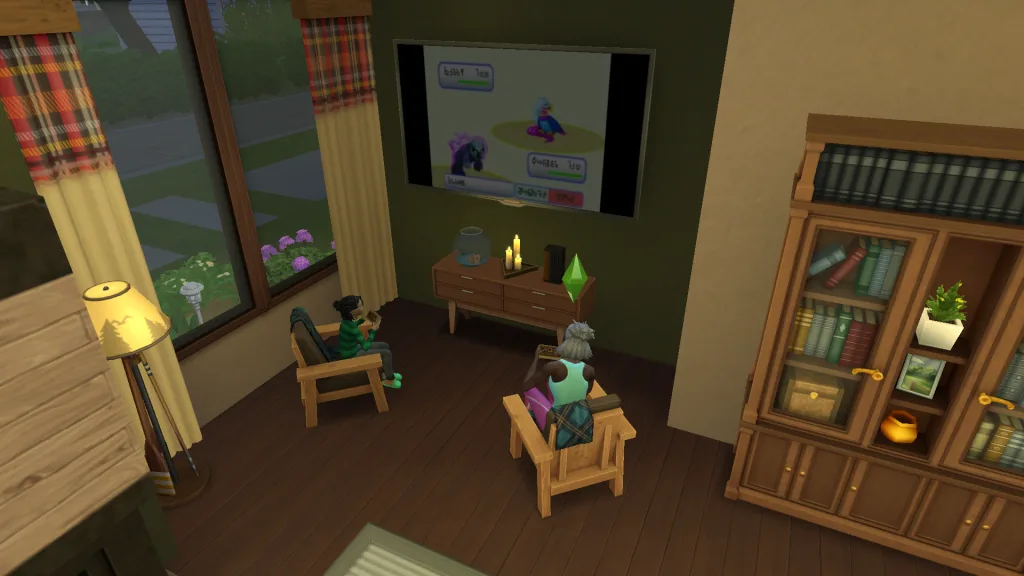 A grandmother and child Sim playing Voidcritters together on a large flatscreen TV in Adventure Awaits, in a dim, candlelit room.