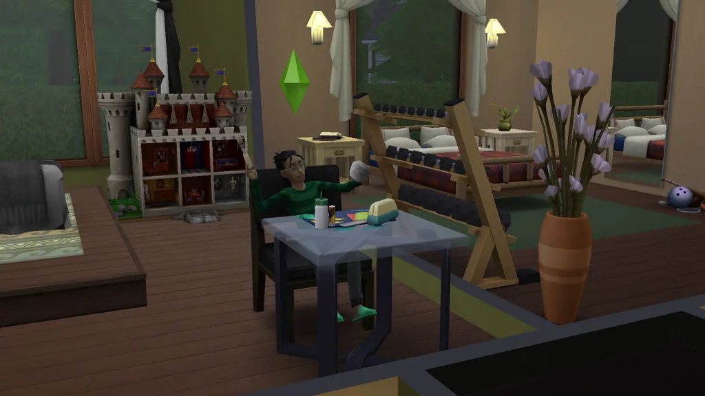 A Child Sim in their room papercrafting at a table, looking happy with their arms out. A vampiric castle is in the back behind them.
