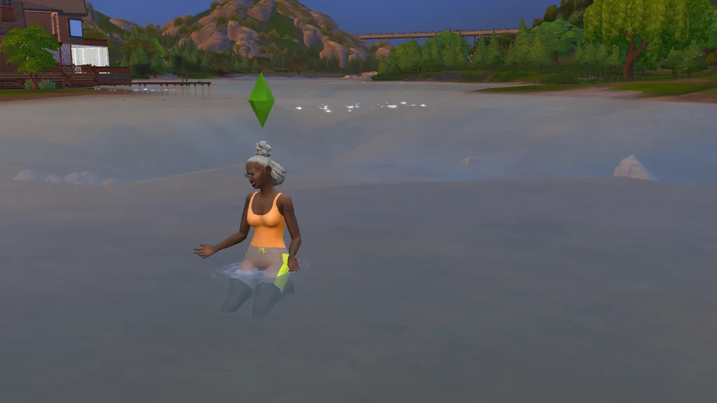 A Sim looking frustrated at sunset while crystal panning, the cliffs, bridge, and trees clearly visible behind her. She's shrugging and sighing.