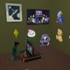 A Child Sim sat playing a card game in The Sims 4: Adventure Awaits, surrounded by Voidcritters posters and toys.