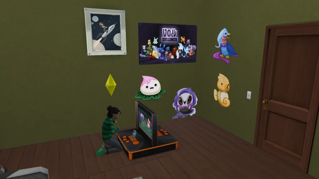 A Child Sim playing Voidcritters The Card Game on a large black and orange machine in a green room full of Voidcriters dcor, including a poster and several decals.