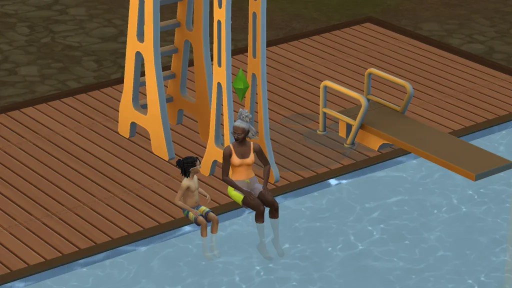 Two Sims sat on the side of the pool chatting next to two diving boards outdoors in the sunrise. It's in The Sims 4: Adventure Awaits.